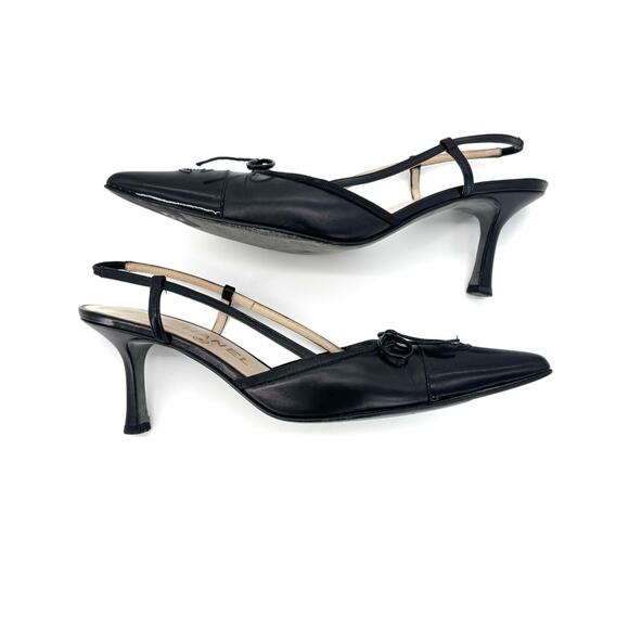 Vintage Chanel CC Logo Bow Black Leather Slingback Pointed Toe Pumps 38.5EU - Picture 5 of 8